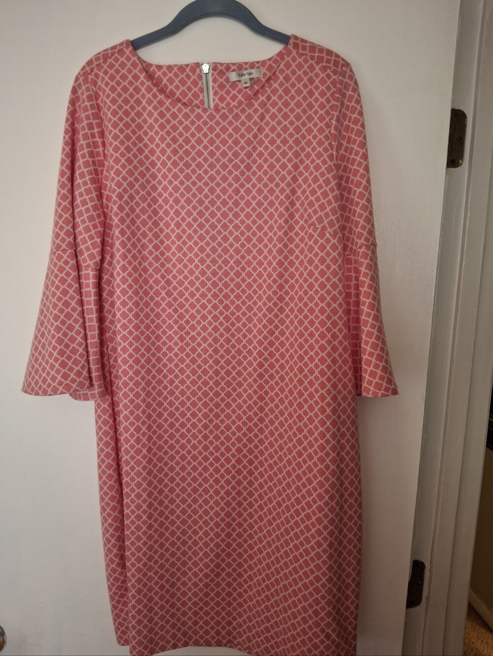 Tyler Boe  Jenny Bell Sleeves  Coral and White Trellis Knit Dress